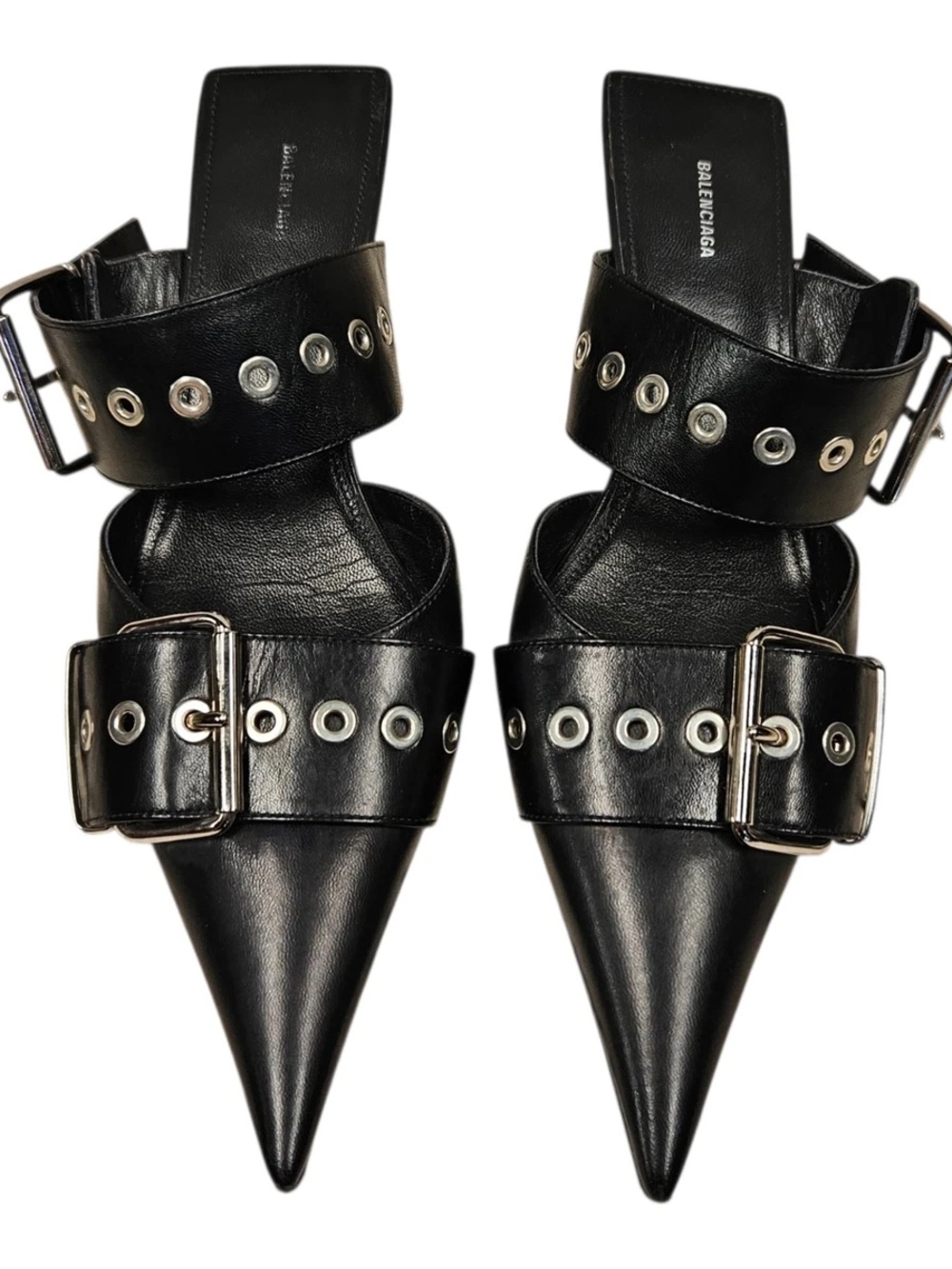 Balenciaga Edgy Black Leather Buckle Mules, size 40.5